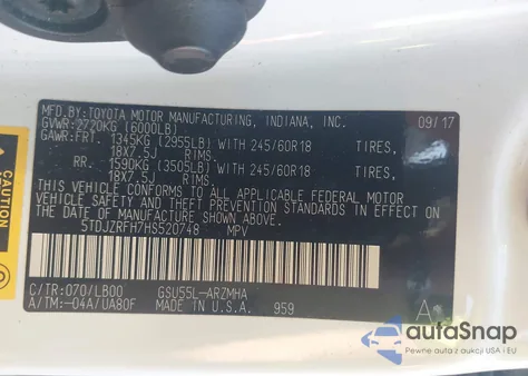 2017 Toyota Highlander Xle z USA, uszkodzony, nr VIN 5TDJZRFH7HS520748